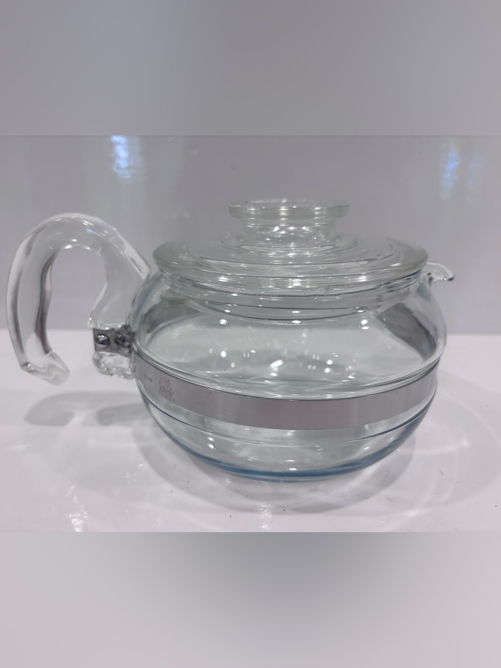Vintage Pyrex flameware glass teapot tea kettle w lid stainless steel band